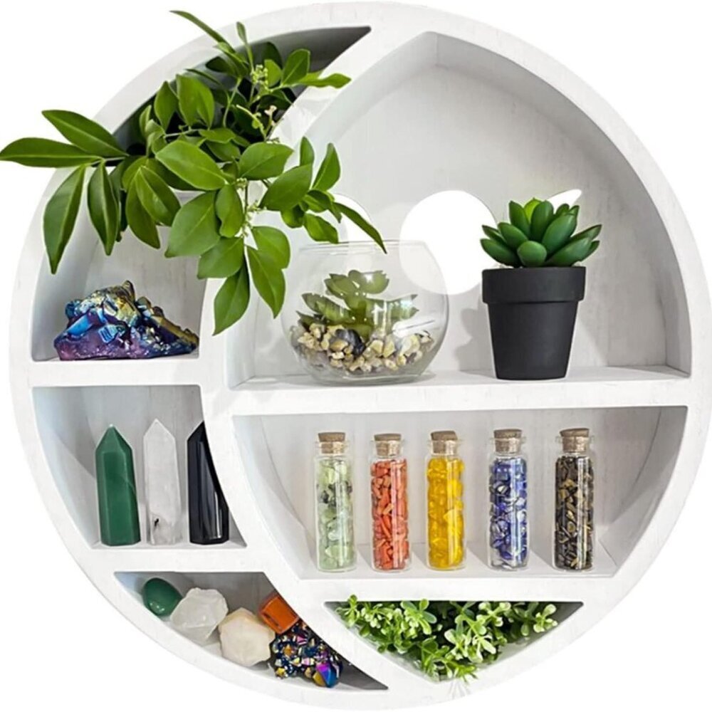 Wooden Moon Shelf for Crystals - Crescent Moon Crystal Shelf, Crystal Storage &